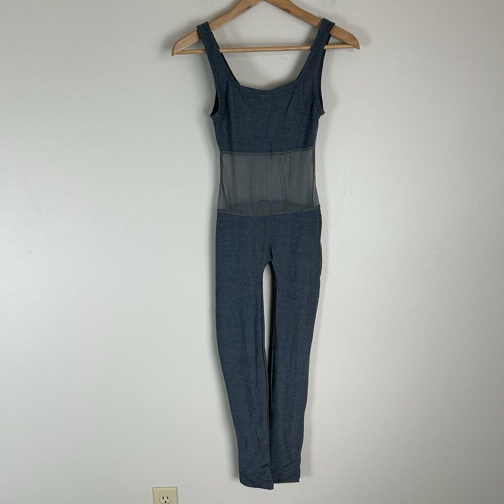Vintage 80s 90s Catsuit Women Sz S Gray Unitard Dark Fairy Jumpsuit Mesh Cut Out